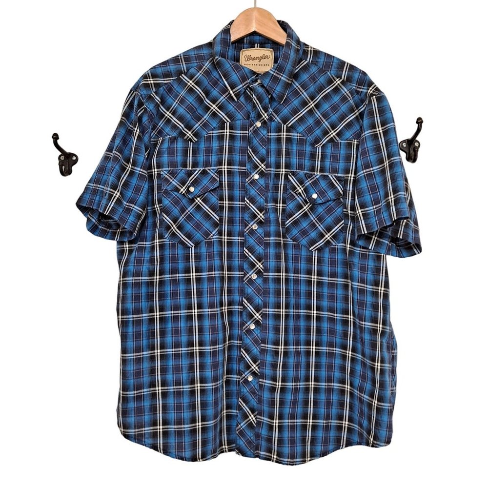 Wrangler Western Shirt Men 2XL Pearl Snap Button Blue Plaid Rockabilly Work